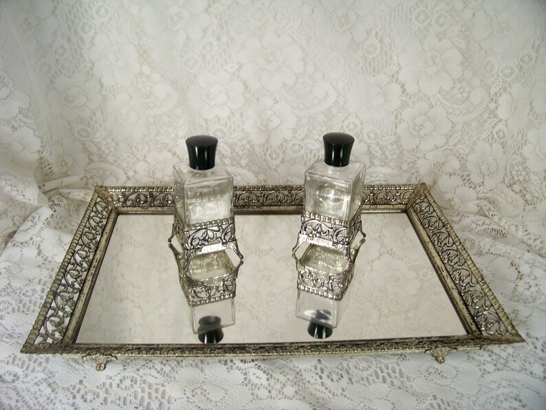 Vintage Mirror Silver Vanity Set Footed Filigree Framed Dresser Tray With Bottles Perfume
