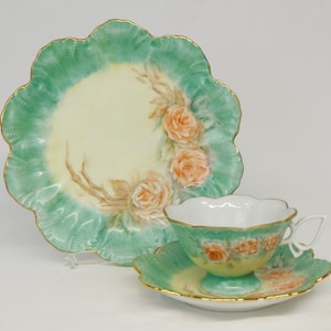 Hand Painted Cup and Saucer, 3 Piece Set, Scalloped Rims, Pedestal Cup, Sea Foam Green with Peach Roses and Gold Trim