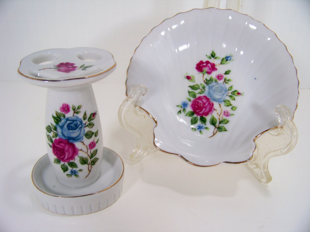 Vintage Bath Accessories, Ceramic Soap Dish, Toothbrush Holder, Bath