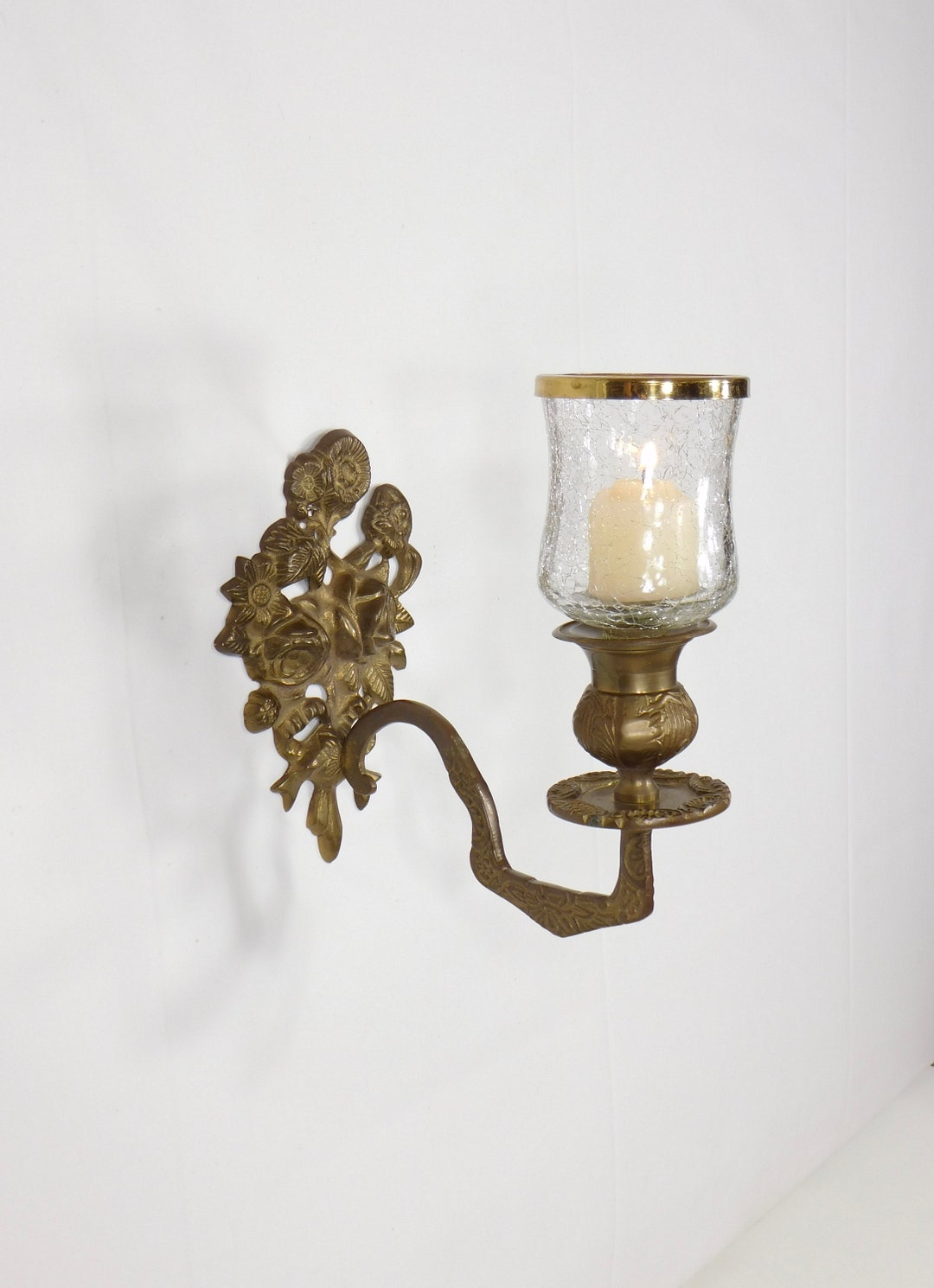 Old Floral Sconce Brass Wall Sconce Ornate Brass Sconce Etsy