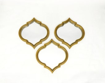 Ensemble de 3 miroirs décoratifs vintage dorés et noirs, ensemble de miroirs muraux, cadre doré et noir, design géométrique