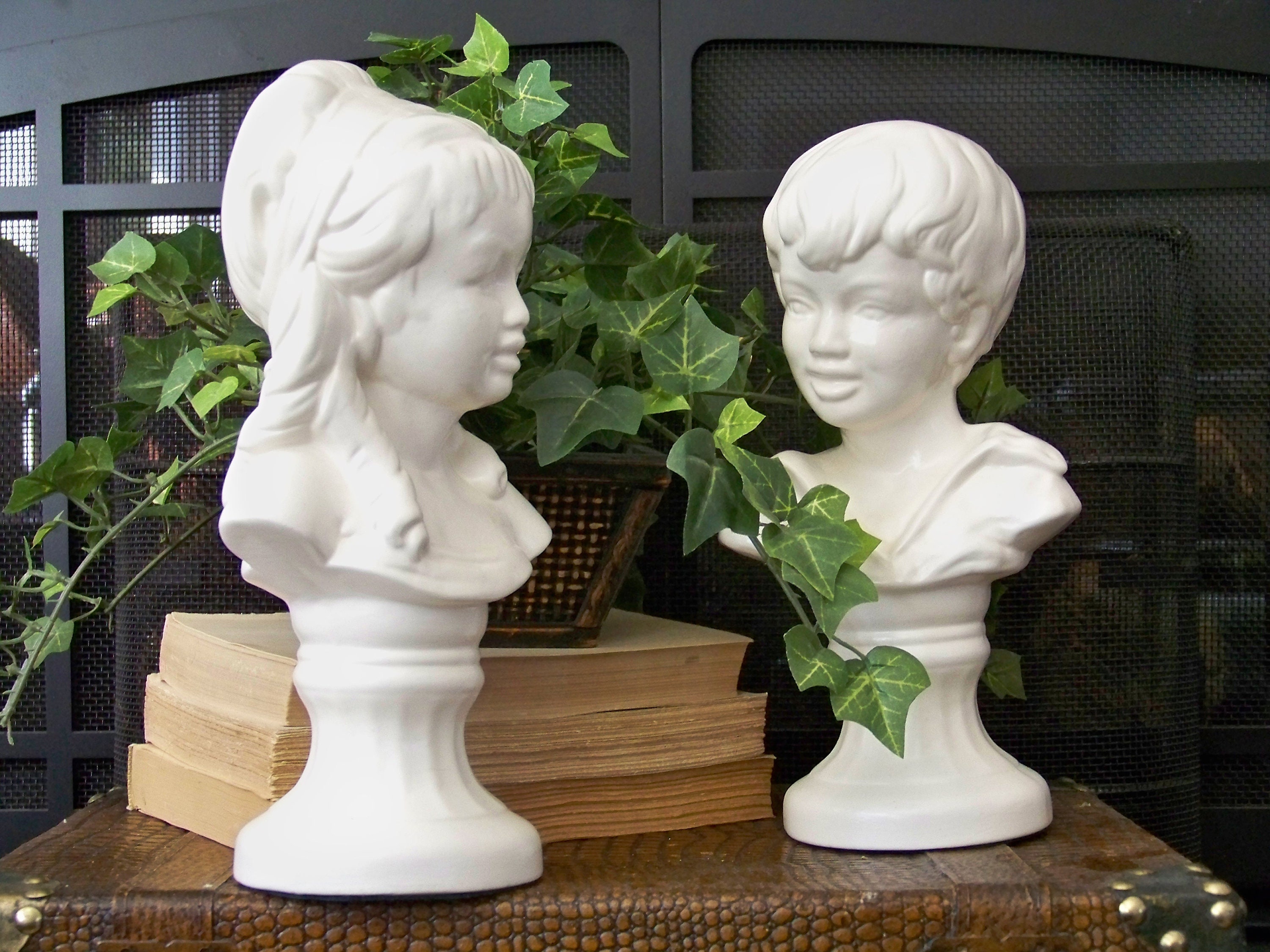 1950s Shabby Chic Brother and Sister Vintage Pair of White Boy and Girl Ceramic Pedestal Busts