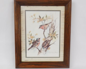 Paul Whitney Hunter, Pencil Drawing, 3 Birds, Birch Tree, Cabin Decor, Matted And Framed, Vintage Home Interiors and Gifts, Bird Print