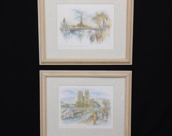 Bernadette Voz Prints, Eiffel Tower and Notre Dame Parisian Scene, Signed by Artist, Framed and Matted, Pair