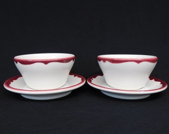 Vintage Buffalo China Custard Cup and Saucer, Set of 2, Single Serve Soup Cup, Red Airbrushed Scalloped Trim