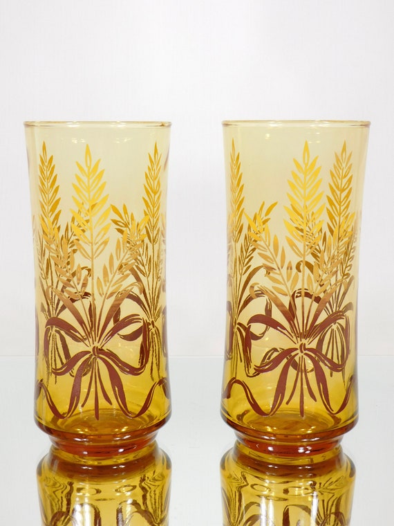 Libby Glass, Mid Century Glassware, Libby Amber Wheat Bouquet, Ice Tea  Glasses, Set of 2, Libbey 