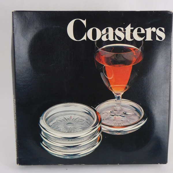 Vintage Leonard Silver Four Piece Coaster Set, Silverplate and Crystal Coaster Set, Made in Italy, NIB, 1980