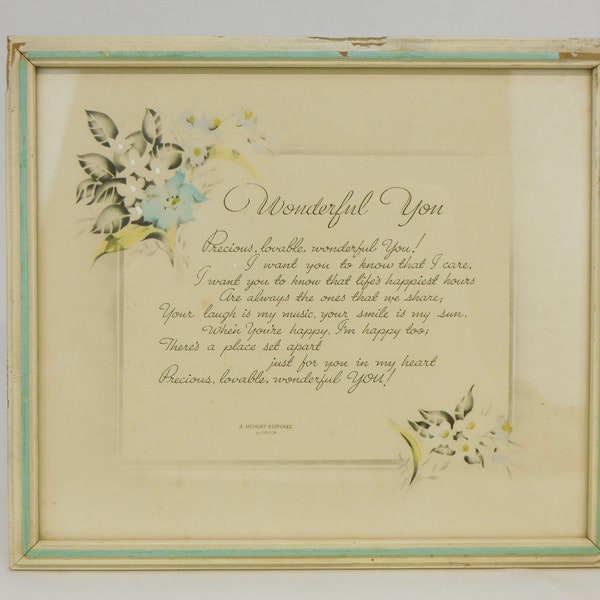 Vintage Framed Poem, Wonderful You, Memory Keepsake by Gibson, Framed Friendship Sentiment, Small Calligraphy Print, Music Memorabilia