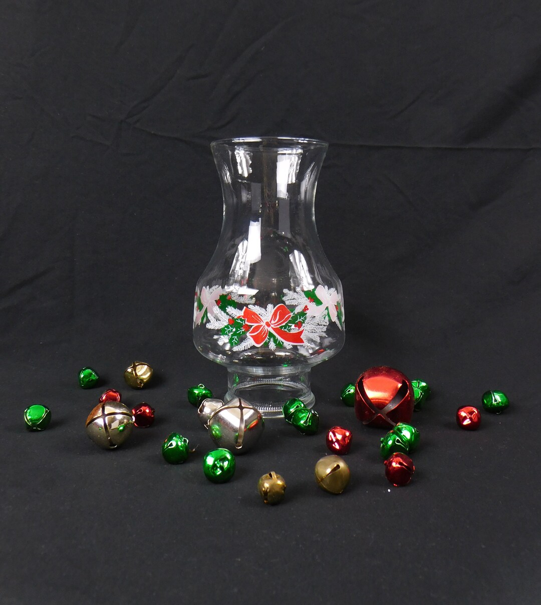 Clear Glass Hurricane Lamp Shade With Holly and Red Bow, Christmas