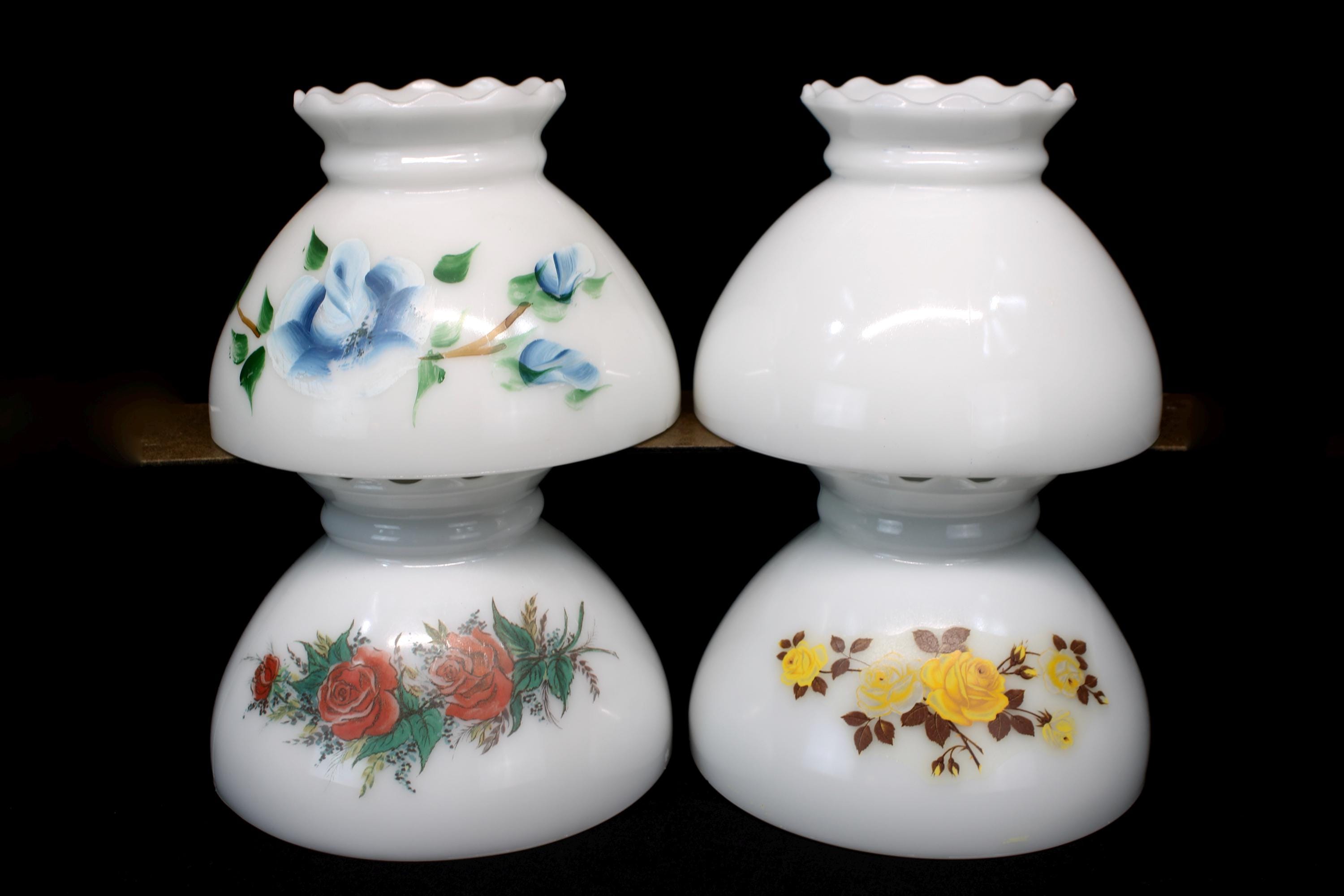 Vintage Lamp Shade Milk Glass Hurricane Shade Cover Painted Red Rose  Roses Flowers with Ruffled Crown