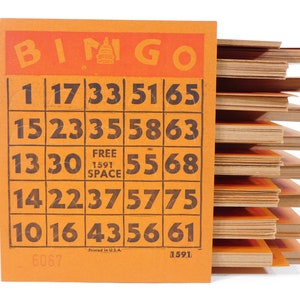 Jeu de 10 cartes de bingo orange, cartes de BINGO-Tex vintage, cartes de bingo vintage, papier Empherma, réservation de ferraille