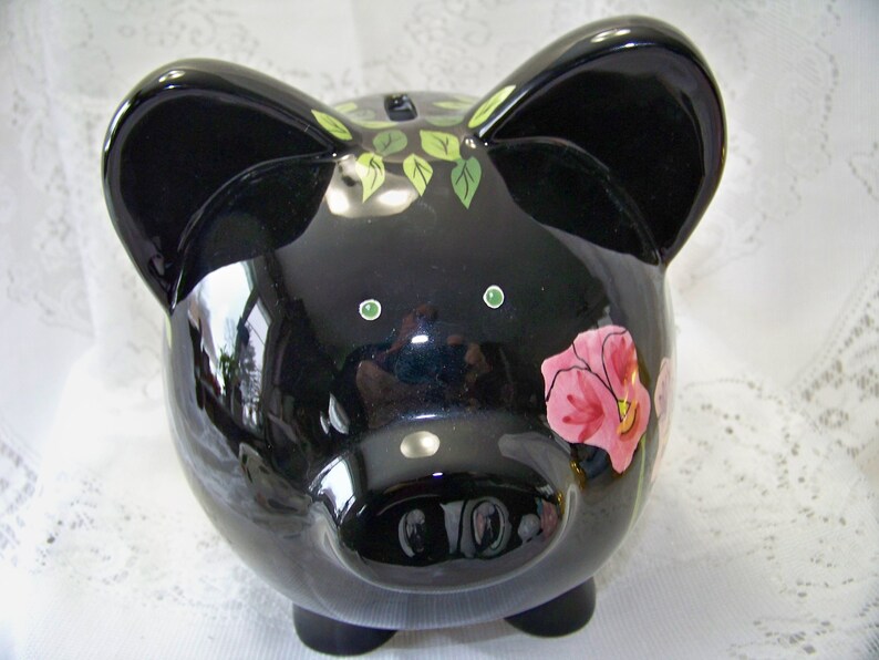 Vintage Ganz Piggy Bank Black Floral Ceramic Pig Bank With Etsy