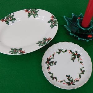 Christmas Table Decor 3 Piece Lefton Candy Dish, Hallmark Oval Dish and Lefton Candle Holder Holly Leaf Design