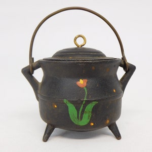 Cast Iron Cauldron Pot With Bail Handle and Lid 2 1/2&quot; tall x 2 1/2&quot; Vintage Hand Painted