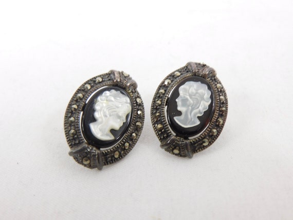 Cameo 925 Sterling Silver Marcasite Black Onyx MO… - image 3