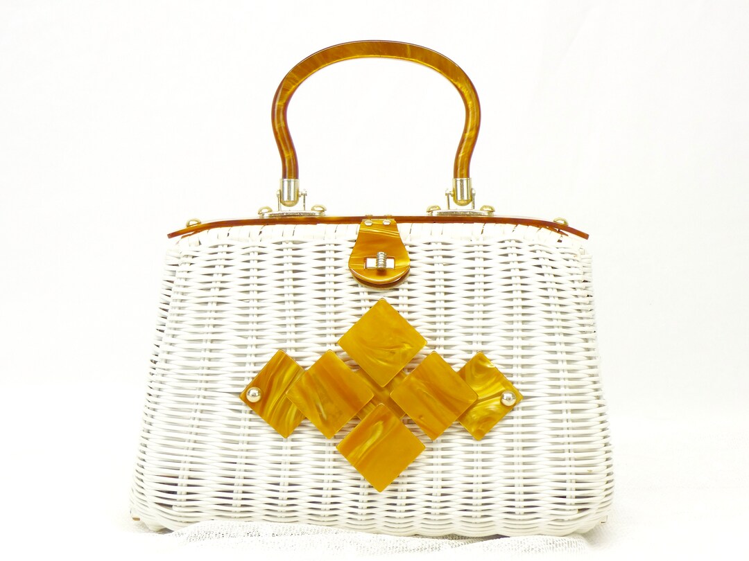White Wicker and Bakelite Handbag, 1960's Top Handle Purse ...