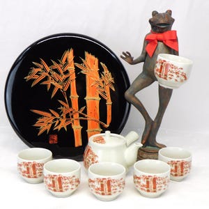 Vintage Kyūsu Sake Tea Set with 6 Cups and Lacquer Tea Box