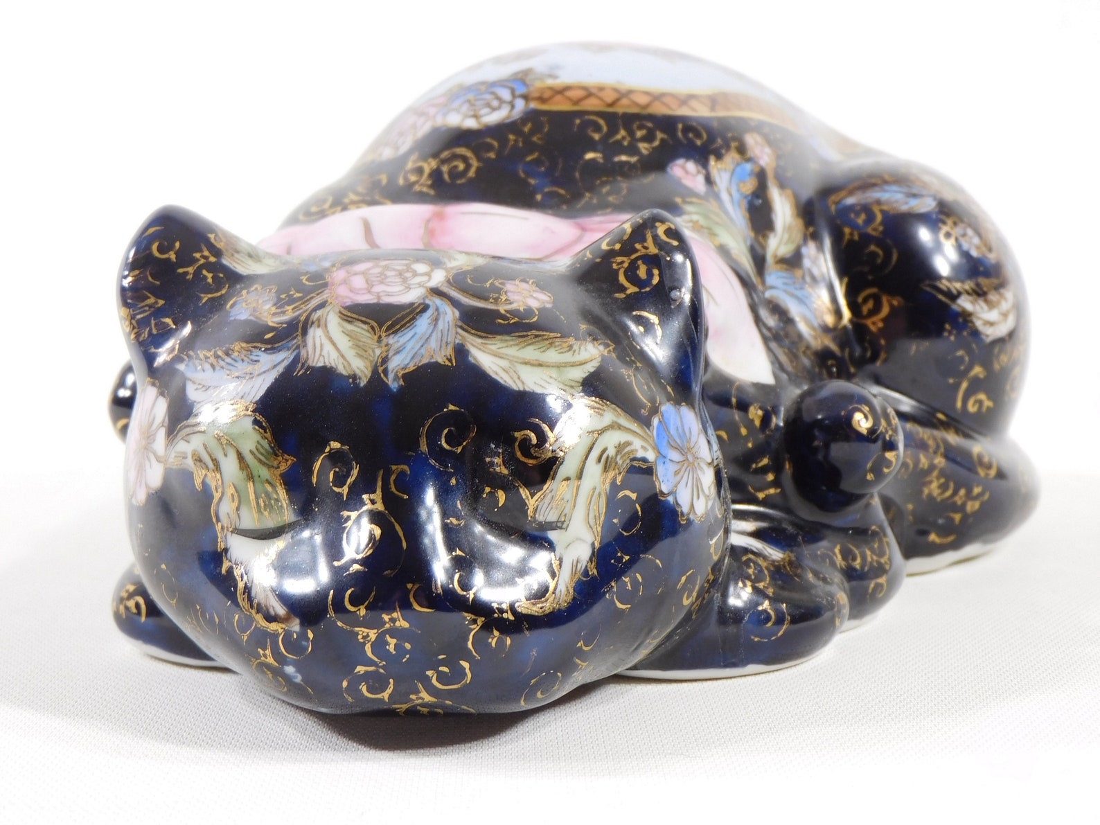 Vintage Chinese Cat Figurine Blue Floral Cat Pink Roses Etsy