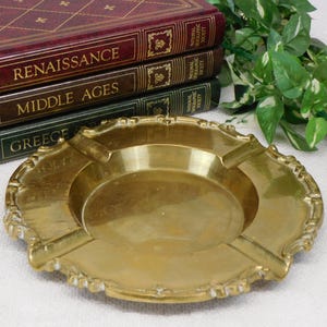 Solid Brass Ashtray Large 8&quot; Ash Tray Catchall Beautiful Vintage Condition Scrolled Rim Deep Well