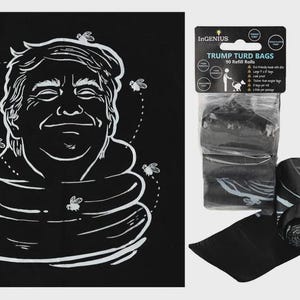 May include: Black graphic featuring a white outline of a smiling face with bees, and a stack of coils. Next to it, a package of "TRUMP TURD BAGS" with 90 refill rolls, black bags with a bee design.