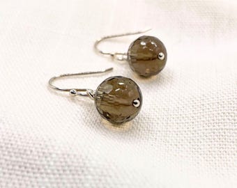 Boucle d'oreille pendante vintage en quartz fumé, Argent sterling, Fait main