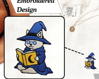 Embroidered Wizard Cat Comfort Colors TShirt | Gift for Cat Lovers , Wizarding Gift, Fantasy Lover Gift, DnD Gift, DM Gift