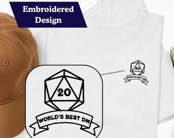 DnD Embroidered Tshirt, World's Best DM, D20 Dice, RPG Gift, Dungeon Master Gift, Unisex, Gildan Tee