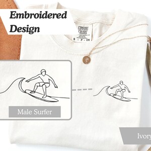 Embroidered Female Surfer T-Shirt, Comfort Colors Shirt, Coastal Surf Shirt, Surfboard Tee-Shirt, Surf Lover Gift image 2