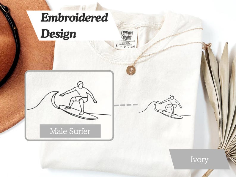 Embroidered Female Surfer T-Shirt, Comfort Colors Shirt, Coastal Surf Shirt, Surfboard Tee-Shirt, Surf Lover Gift image 2