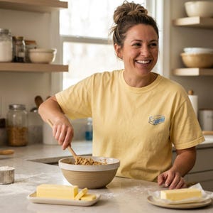 May include: A woman in a yellow t-shirt with a butter graphic is smiling while mixing ingredients in a bowl. Sliced butter sits on a white plate, and a measuring cup of flour is nearby. Kitchen setting with wooden shelves.
