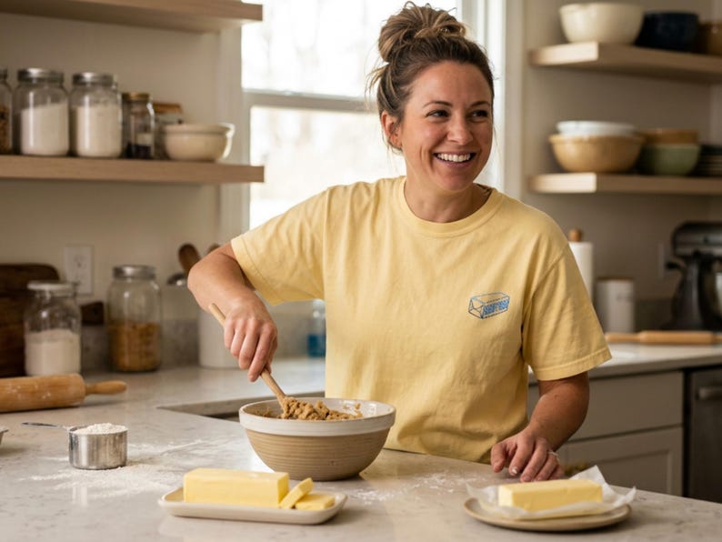 May include: A woman in a yellow t-shirt with a butter graphic is smiling while mixing ingredients in a bowl. Sliced butter sits on a white plate, and a measuring cup of flour is nearby. Kitchen setting with wooden shelves.