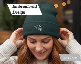 Embroidered Croissant Beanie, The Parisian Comfort Beanie, Knit Hat Embroidered Pastry, French Pastry, Winter Accessory, Gift for Bakers