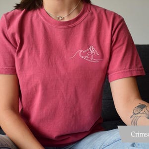 Embroidered Female Surfer T-Shirt, Comfort Colors Shirt, Coastal Surf Shirt, Surfboard Tee-Shirt, Surf Lover Gift Crimson