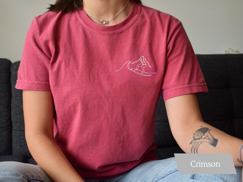 Embroidered Female Surfer T-Shirt, Comfort Colors Shirt, Coastal Surf Shirt, Surfboard Tee-Shirt, Surf Lover Gift Crimson