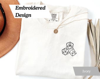 Embroidered DnD Dice Tshirt, Comfort Colors Shirt, DnD Enthusiast Gift, Dungeons and Dragons Tee