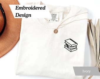 Comfort Colors Embroidered Book Lover Shirt, Stack of Books Embroidery, Reading Shirt, Bookworm Gift, Gift for Readers, Gift for BookToker