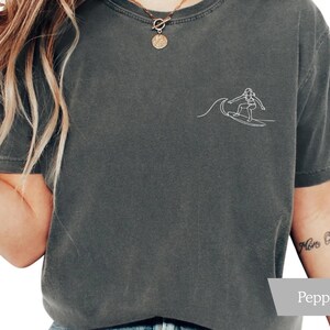 Embroidered Female Surfer T-Shirt, Comfort Colors Shirt, Coastal Surf Shirt, Surfboard Tee-Shirt, Surf Lover Gift Pepper