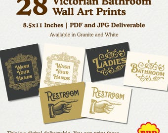 28 Victorian Bathroom Signs | Granite/White Gold Wall Art | Elegant Restroom Sign | Digital Download Bundle