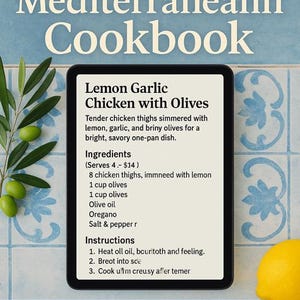 May include: A cookbook titled "Blind Chef Mediterranean Cookbook" with a recipe for Lemon Garlic Chicken with Olives. The image includes a tablet displaying the recipe, olives, lemons, and text: "50 Accessible Recipes with Audio & Touch Cues."