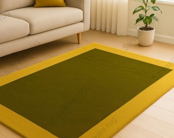 Handmade Olive Green Tufted Wool Rug | Modern Minimalist Area Carpet 5x8 Solid Color Area Rug for Living Room Bedroom Home Decor