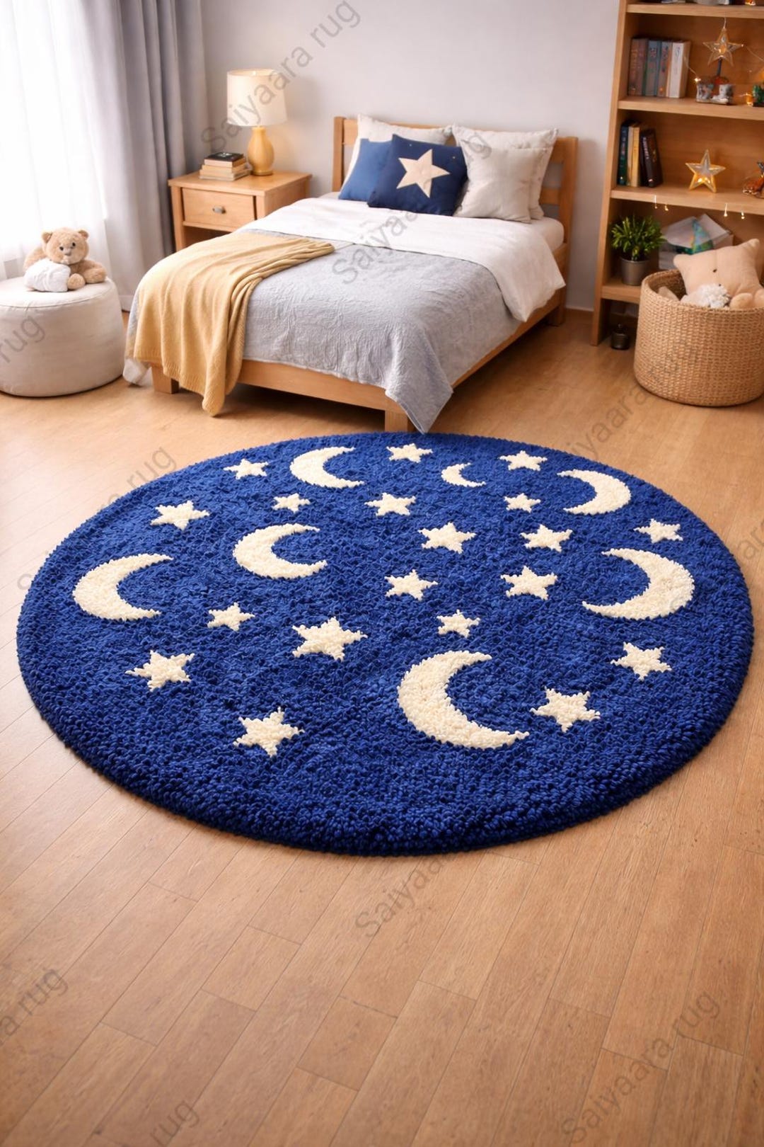 Handmade Moon & Stars Tufted Rug, Round Blue Nursery Rug, Celestial ...