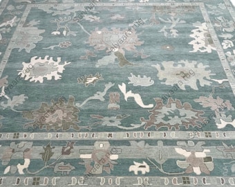 Handmade Teal Green Wool Rug – Modern Floral Oushak Carpet