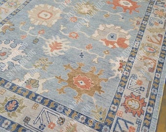 Handmade Oushak Rug | Muted Blue Oriental Wool Area Rug | Traditional Turkish Style Carpet | Boho Vintage Decor 8x10 ft