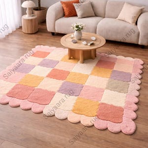 Hand Tufted Pastel Checker Rug | Scalloped Edge Area Rug | Cute Nursery & Kids Room Carpet | Custom Handmade Soft Rug 6x9