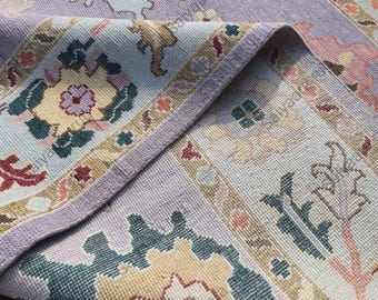 Handmade Lilac Oushak Wool Rug | Turkish Vintage Style