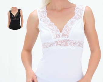 Elegantes Spitzenoberteil für Frauen, Übergröße-Cami mit Spitzenriemen, Baumwoll-Tank mit Blumenspitzenbesatz, bequemes und atmungsaktives Schichtoberteil