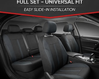 Conjunto completo de capas para bancos de carro em preto e cinza – Ajuste universal, compatíveis com airbags, em poliéster.