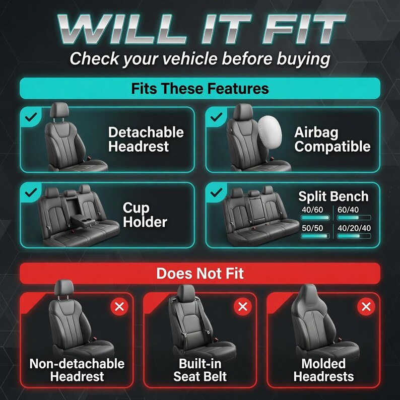 May include: Graphic with the text "WILL IT FIT" and "Check your vehicle before buying." It shows features like detachable headrests, airbag compatibility, cup holders, and split bench seats. It also shows what does not fit.