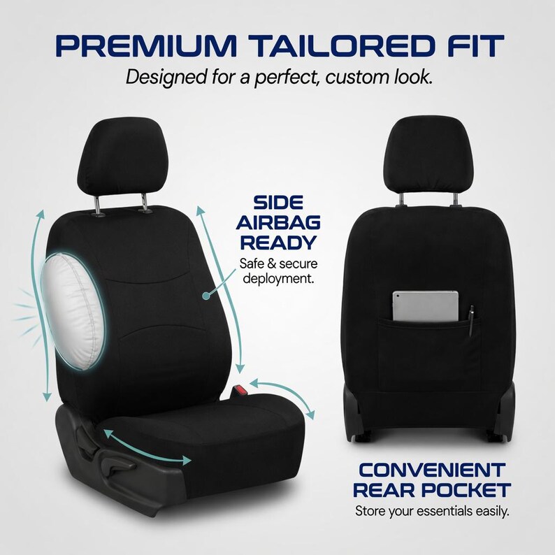 May include: Black car seat covers with the text "PREMIUM TAILORED FIT" and "SIDE AIRBAG READY". The seat covers have a convenient rear pocket. The image shows the seat covers with an airbag deployment illustration.
