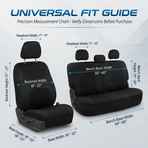 May include: Black car seat covers with a universal fit guide. The image shows measurements for headrest width (7"-11"), backrest width (18"-22"), base depth (18"-22"), and bench back width and base width (50"-60").